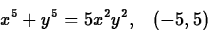 \begin{displaymath}
x^5+y^5=5x^2y^2, \;\;\; (-5,5)\end{displaymath}