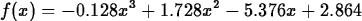 \begin{maplelatex}
\begin{displaymath}
f(x) = - 0.128x^3 + 1.728x^2 - 5.376x + 2.864\end{displaymath}\end{maplelatex}