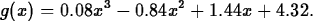 \begin{maplelatex}
\begin{displaymath}
g(x) = 0.08x^3 - 0.84x^2 + 1.44x + 4.32.\end{displaymath}\end{maplelatex}