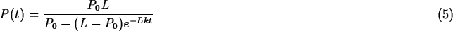 \begin{maplelatex}
\begin{displaymath}
\displaystyle P(t) = \frac {P_0L}{P_0 + (L - P_0)e^{-Lkt}}
\hspace*{3.5in}{(5)}\end{displaymath}\end{maplelatex}