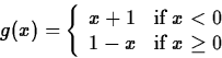 \begin{displaymath}
g(x) = \left\{ \begin{array}
{ll}
x+1 & \mbox{if $x < 0$} \\ 1-x & \mbox{if $x \geq 0$}
\end{array}\right. \end{displaymath}