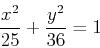 \begin{displaymath}\frac{x^2}{25}+\frac{y^2}{36}=1 \end{displaymath}