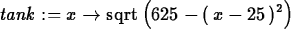 \begin{maplelatex}
\begin{displaymath}
{\it tank} := {x} \rightarrow {\rm sqrt} ...
 ...t( \! \,625 - (\,{x}
 - 25\,)^{2}\, \! \right) \end{displaymath}\end{maplelatex}