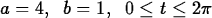 \begin{maplelatex}
\begin{displaymath}
a = 4,\;\;b = 1,\;\;0 \leq t \leq 2\pi\end{displaymath}\end{maplelatex}