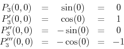 \begin{displaymath}\begin{array}{ccccc}
P_3(0,0) & = & \sin(0) & = & 0\\
P_3'(0...
...0) & = & 0 \\
P_3'''(0,0) & = & -\cos(0) & = & -1
\end{array}\end{displaymath}
