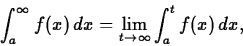 \begin{displaymath}\int_{a}^{\infty} f(x) \, dx =
\lim_{t \rightarrow \infty} \int_{a}^{t} f(x) \, dx ,\end{displaymath}