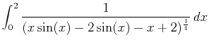 $\displaystyle \int_0^2 \frac{1}{(x\sin(x)-2\sin(x)-x+2)^\frac{1}{4}}   dx $