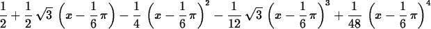 \begin{maplelatex}
\begin{displaymath}
{\displaystyle \frac {1}{2}} + {\displays...
 ...ystyle 
\frac {1}{6}}\,{ \pi}\, \! \right) ^{4}\end{displaymath}\end{maplelatex}