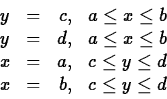 \begin{displaymath}
\begin{array}{lcrc}
y & = & c, & a \leq x \leq b \\
y & = &...
... & c \leq y \leq d \\
x & = & b, & c \leq y \leq d
\end{array}\end{displaymath}