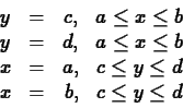 \begin{displaymath}
\begin{array}{lcrc}
y & = & c, & a \leq x \leq b \\
y & = &...
... & c \leq y \leq d \\
x & = & b, & c \leq y \leq d
\end{array}\end{displaymath}