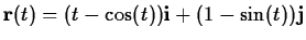 $\displaystyle \mathbf{r}(t) = (t- \cos(t))
\mathbf{i} + (1- \sin(t)) \mathbf{j}$