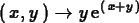 \begin{maplelatex}
\begin{displaymath}
(\,{x}, {y}\,) \rightarrow {y}\,{\rm e}^{(\,{x} + {y}\,)}
\end{displaymath}\end{maplelatex}