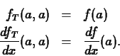 \begin{eqnarray*}
f_T(a,a) & = & f(a) \\
\frac{df_T}{dx}(a,a) & = & \frac{df}{dx}(a).
\end{eqnarray*}