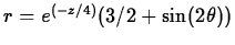 $r=e^{(-z/4)}(3/2+\sin(2\theta))$