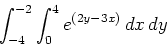 \begin{displaymath}\int_{-4}^{-2} \int_{0}^{4} e^{(2y-3x)} \, dx \, dy\end{displaymath}