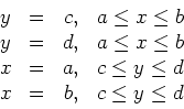 \begin{displaymath}
\begin{array}{lcrc}
y & = & c, & a \leq x \leq b \\
y & = &...
... & c \leq y \leq d \\
x & = & b, & c \leq y \leq d
\end{array}\end{displaymath}