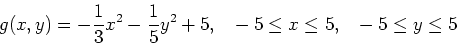 \begin{displaymath}g(x,y)=-\frac{1}{3}x^2-\frac{1}{5}y^2+5 ,   -5\leq x \leq 5,   -5\leq y\leq 5\end{displaymath}