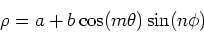 \begin{displaymath}\rho = a + b \cos(m \theta) \sin(n \phi) \end{displaymath}