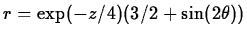 $\displaystyle r=\exp(-z/4)(3/2+\sin(2 \theta))$