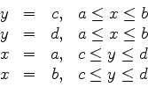 \begin{displaymath}
\begin{array}{lcrc}
y & = & c, & a \leq x \leq b \\
y & = &...
... & c \leq y \leq d \\
x & = & b, & c \leq y \leq d
\end{array}\end{displaymath}