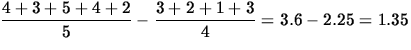 $\displaystyle\frac{4+3+5+4+2}{5} - \frac{3+2+1+3}{4} = 3.6-2.25 = 1.35$