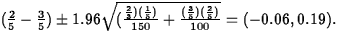 $(\frac{2}{5} - \frac{3}{5}) \pm
 1.96 \sqrt{(\frac{\frac{2}{3})(\frac{1}{5})}{150} +
 \frac{(\frac{3}{5})(\frac{2}{5})}{100}} =
 (-0.06, 0.19).$