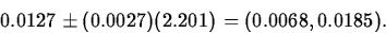 \begin{displaymath}
0.0127\pm (0.0027)(2.201)=(0.0068,0.0185).\end{displaymath}