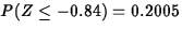 $P(Z \leq -0.84) = 0.2005$