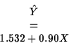 \begin{displaymath}
\hat{Y} & = & 1.532+0.90 X\end{displaymath}