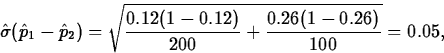 \begin{displaymath}
\hat{\sigma}(\hat{p}_1-\hat{p}_2) =
\sqrt{\frac{0.12(1-0.12)}{200}+
\frac{0.26(1-0.26)}{100}} =
0.05,\end{displaymath}