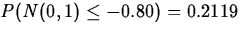 $P(N(0,1)\leq -0.80)=0.2119$