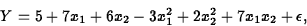 \begin{displaymath}
Y = 5+7x_1+6x_2-3x_1^2+2x_2^2
 +7x_1x_2+\epsilon,\end{displaymath}