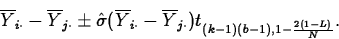 \begin{displaymath}
\overline{Y}_{i\cdot}-\overline{Y}_{j\cdot}\pm\hat{\sigma}(\...
 ...cdot}
-\overline{Y}_{j\cdot})t_{(k-1)(b-1),1-\frac{2(1-L)}{N}}.\end{displaymath}