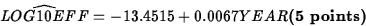 \begin{displaymath}
\widehat{LOG10EFF}=-13.4515+0.0067 YEAR \mbox{\bf (5
points)}\end{displaymath}