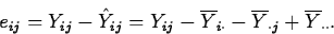 \begin{displaymath}
e_{ij}=Y_{ij}-\hat{Y}_{ij}=Y_{ij}-\overline{Y}_{i\cdot}-\overline{Y}_
{\cdot j}+\overline{Y}_{\cdot \cdot}.\end{displaymath}